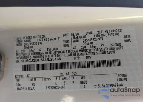 2020 Lincoln Corsair Reserve z USA, uszkodzony, nr VIN 5LMCJ2DH5LUL28168